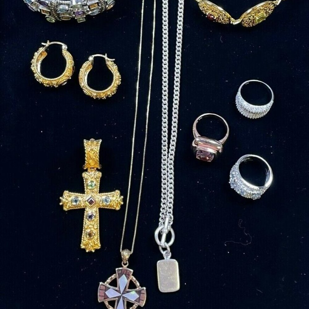 Sterling Vermeil Gemstone MOP Lot Cross Necklace Ring Bracelet Earring (R206)